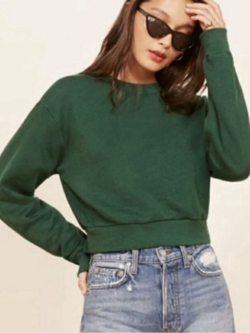 Reformation Jeans Forest Green Cropped Crewneck Sweatshirt Small